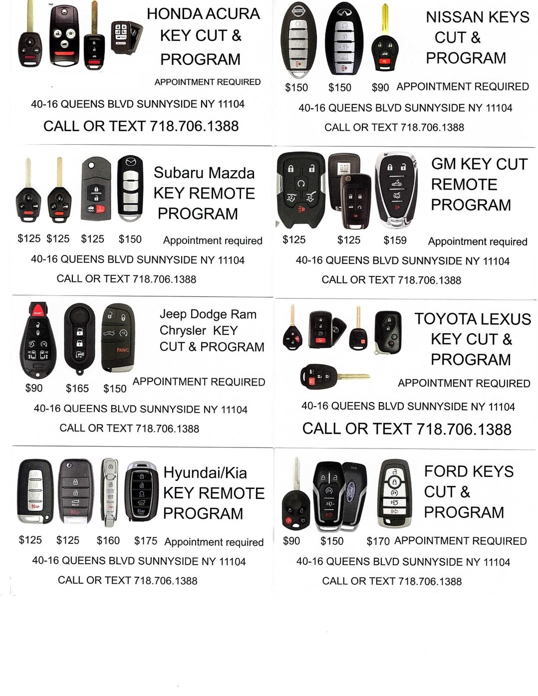 A detailed promotional image displaying various key cutting and programming services for different car brands, including Honda, Nissan, Subaru, Jeep, Toyota, Hyundai, and Ford. Each service includes pricing and appointment requirements, along with contact information for the locksmith shop located at 40-16 Queens Blvd, Sunnyside, NY.